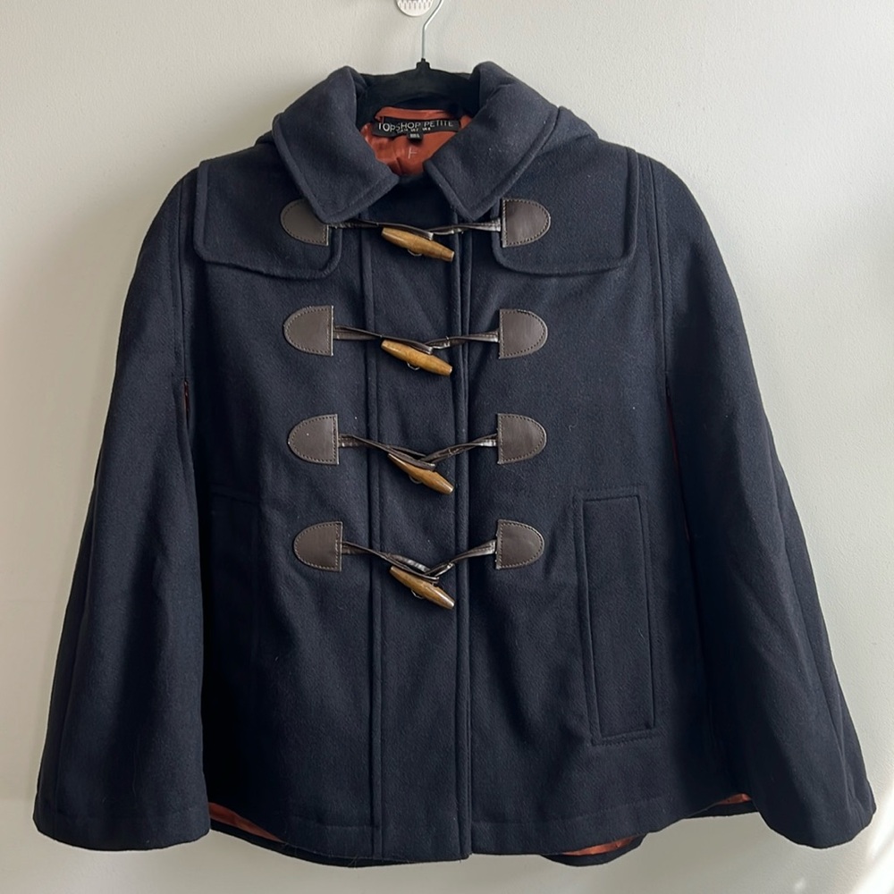 Topshop Petite navy wool cape poncho with wood toggles